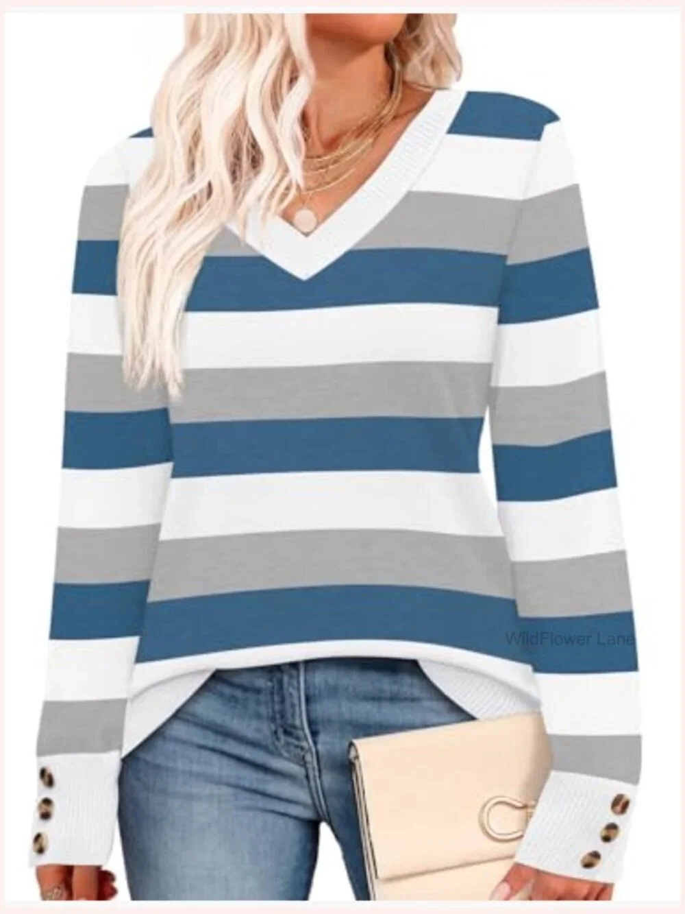 Lightweight V-Neck Knit Sweater with Button Cuffs
